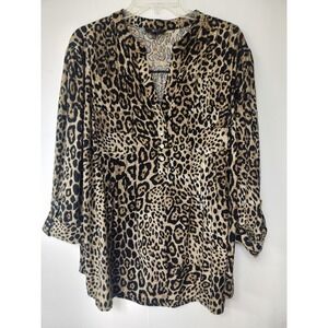 Vera Rose Woman  Animal Print Roll Tab Sleeve Pintuck Button Top Blouse  Sz 3X
